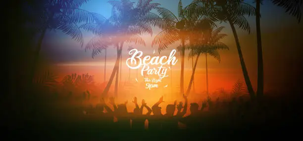 Vector illustration of Summer beach party poster with tropical beach in the evening