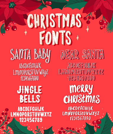 Set of Christmas fonts. Holiday typography alphabet with season wishes and festive illustrations. Handwritten script for holiday new year celebration. Design vector with hand-drawn lettering.