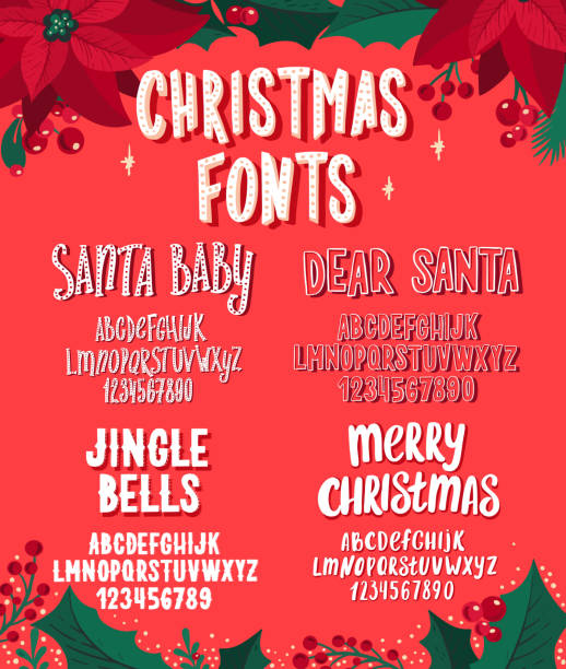 Christmas fonts. Holiday typography alphabet with season wishes and festive illustrations. Set of Christmas fonts. Holiday typography alphabet with season wishes and festive illustrations. Handwritten script for holiday new year celebration. Design vector with hand-drawn lettering. holiday event stock illustrations