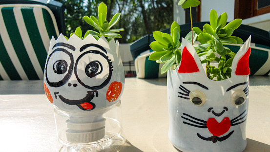 Colorful funny handmade plastic flowerpot at the green nature
