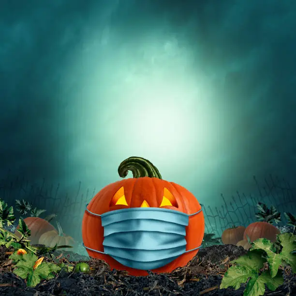 Safe Halloween face mask as a jack o lantern pumpkin wearing a medical face mask as an autumn symbol for disease control and virus infection and coronavirus or covid-19 safety in a 3D illustration style.