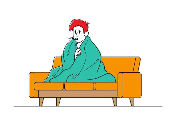 Vector illustration of Male Character Caught Flu Concept. Unhappy Sick Man Sitting on Sofa Wrapped to Plaid Having Fever Measuring Temperature