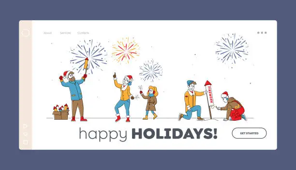 Vector illustration of Characters Enjoy Fireworks Show Landing Page Template. Happy Family Hold Burning Sparklers, Men Launch Festive Firework