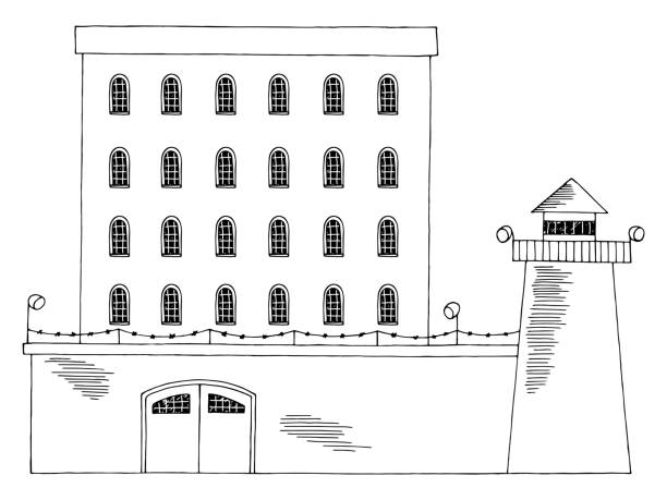 gefängnis außengebäude frontansicht grafik schwarz weiß isoliert skizze illustration vektor - jail cell window stock-grafiken, -clipart, -cartoons und -symbole