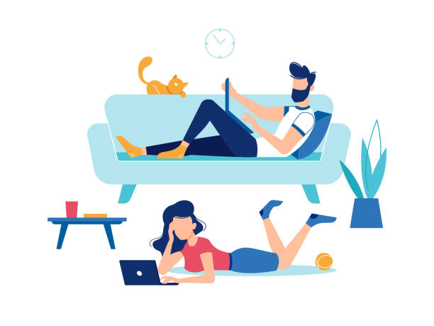 Man and woman with laptop computers at home, fun and entertainment, vector flat design. Man on sofa couch typing and looking at display, woman or girl lying on floor with laptops watching movie Man and woman with laptop computers at home, fun and entertainment, vector flat design. Man on sofa couch typing and looking at display, woman or girl lying on floor with laptops watching movie woman lying on the floor isolated stock illustrations