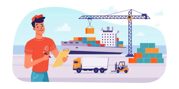 Vector illustration of Delivery logistics by ship, parcels shipping loading or unloading in port, vector flat design. Maritime delivery shipment transport, cargo freight logistics, crane loading parcel boxes and containers