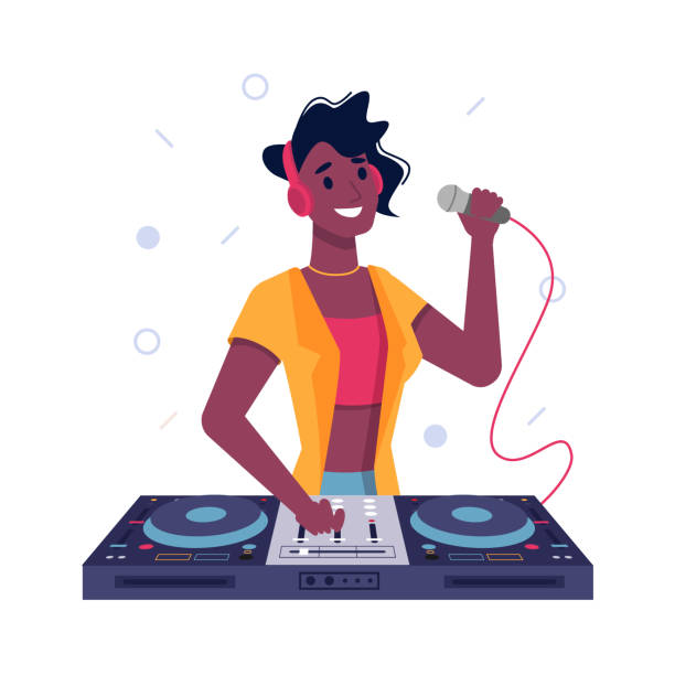 ilustrações de stock, clip art, desenhos animados e ícones de dj girl or black afro american woman playing music at turntable and speak in microphone, vector flat isolated. girl dj at club or music party play mix vinyl discs on turntable in headphones - animated cartoon music teens arts and entertainment