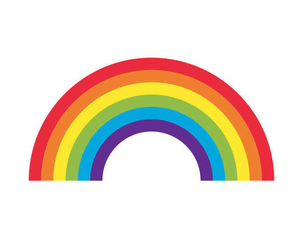 ilustraciones, imágenes clip art, dibujos animados e iconos de stock de icono vectorial de arco iris. símbolo del tiempo del patrón decorativo. logotipo de signo de rayas de espectro de color. aislado en terreno de empaque blanco. - rainbow