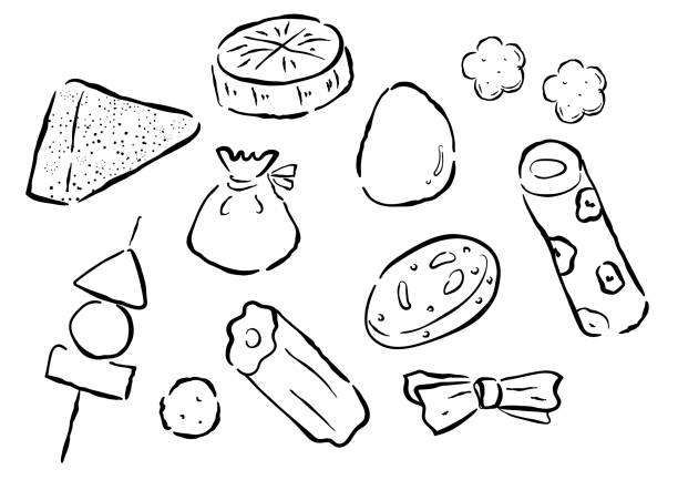 Line drawing of Fishcake stew. Line drawing of stewed dish containing radish, boiled egg, and fish paste. breaded stock illustrations