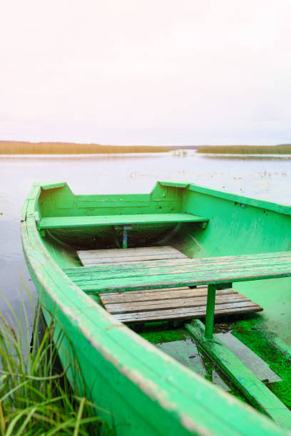 An old boat on the lake shore in summertime.