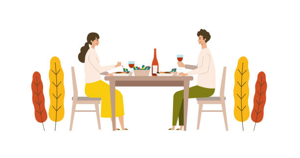 autum에서 함께 저녁 식사를 먹는 부부의 벡터 일러스트. 사람들은 와인을 마시는 것을 즐깁니다. - asian ethnicity japan asia restaurant stock illustrations