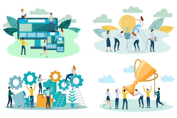 People enjoy success in business, demonstrate adaptive design, show a light bulb and use gears People enjoy success in business, demonstrate adaptive design, show a light bulb and use gears.A set of flat vector illustrations. facility management stock illustrations