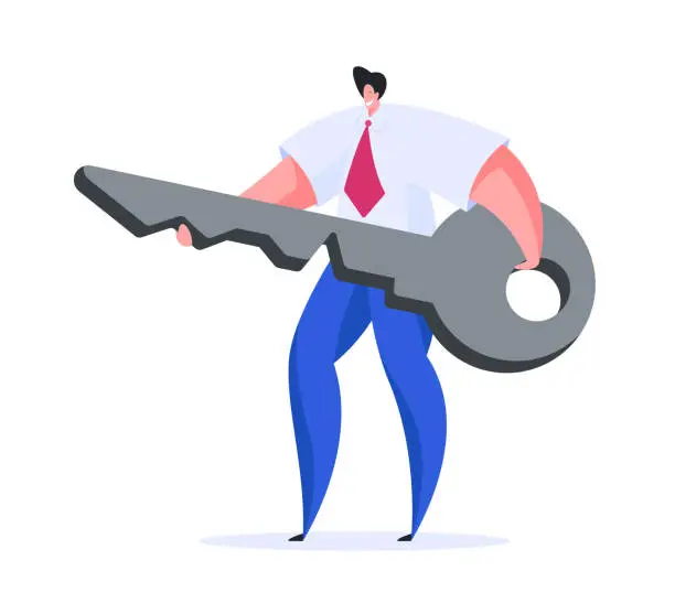 Vector illustration of Modern businessman with huge key. Flat vector illustration