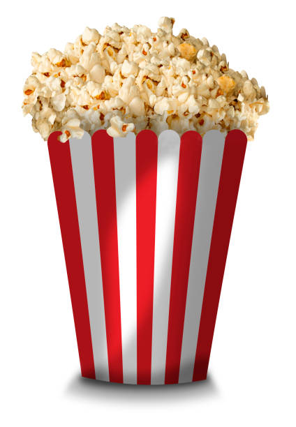 A tall classic box of theater popcorn on white background.