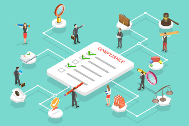 3D Isometric Flat Vector Conceptual Illustration of Regulatory Compliance. 3D Isometric Flat Vector Conceptual Illustration of Regulatory Compliance, Steps That Are Needed to Be Complied With Relevant Laws, Policies and Regulations. compliance stock illustrations