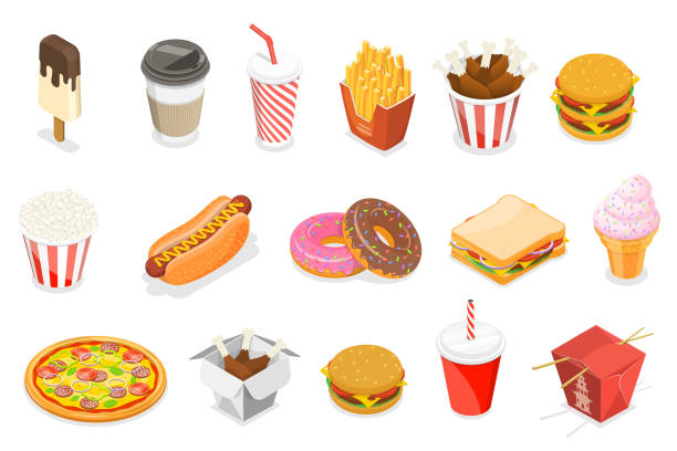 3D Isometric Flat Vector Icon Set Illustratrion. 3D Isometric Flat Vector Icon Set as Hot Dog, Donut, Ice Cream, Pizza, French Fries, Coffee, Soda, Chicken Bucket, Sandwich, Asian Food. unhealthy eating stock illustrations