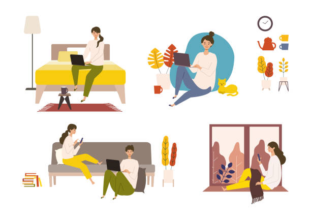 Vector illustration of people checking the web in the autumn. Man and woman have a relaxing day off. Vector illustration of people checking the web in the autumn. Man and woman have a relaxing day off. Stay at home concept. domestic room illustrations stock illustrations