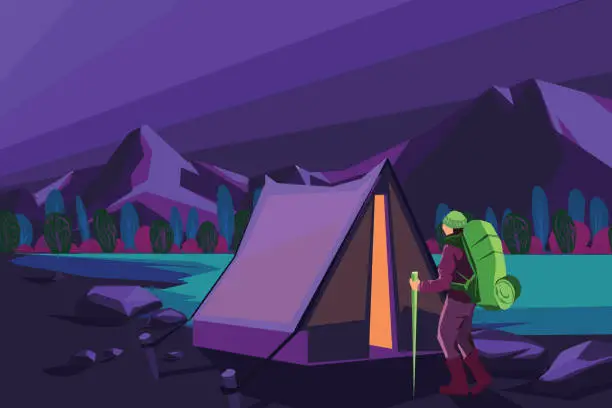 Vector illustration of Outdoor camping. Hiker and a tent at night