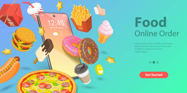 ilustrações de stock, clip art, desenhos animados e ícones de 3d isometric vector for restaurant and cafe online food ordering web service. - chicken meat food chicken wing