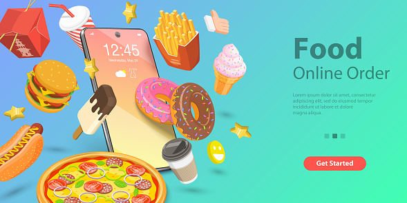 3D Isometric Flat Vector Landing Page for Restaurant and Cafe Online Food Ordering Web Service, Takeaway Food Online, Fast Free Delivery.