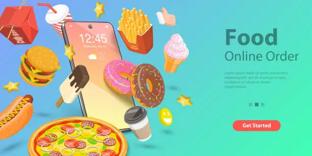 Vector illustration of 3D Isometric Vector for Restaurant and Cafe Online Food Ordering Web Service.