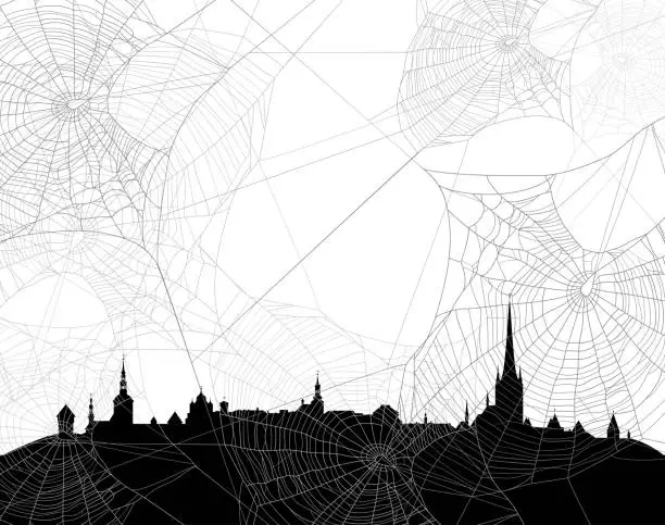 Vector illustration of halloween theme vector background with medieval city and spider web