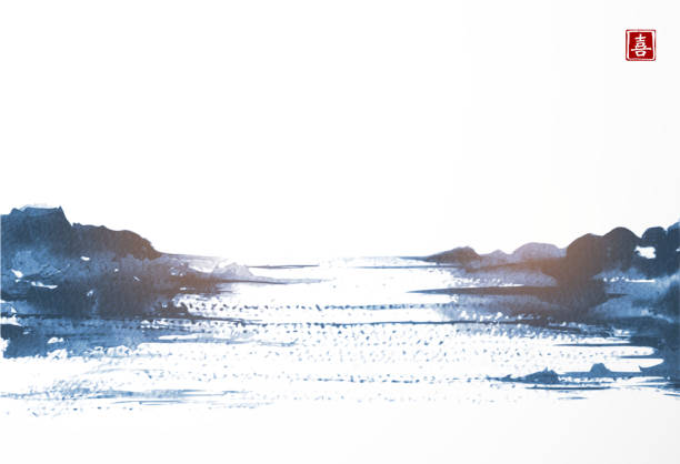illustrations, cliparts, dessins animés et icônes de paysage bleu avec vue sur le lac dans la main de style asiatique dessiné avec l’encre de sumi. peinture traditionnelle à l’encre orientale sumi-e, u-sin, go-hua. traduction du hiéroglyphe - zen - mer horizon bleu