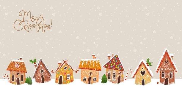 귀여운 진저 브레드 하우스와 크리스마스 인사말 카드 - christmas village urban scene winter stock illustrations