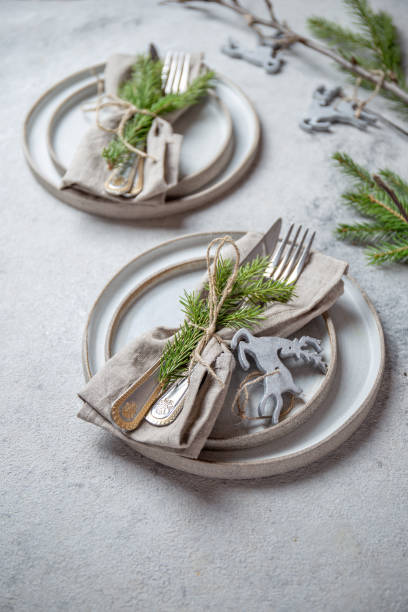 istock Cristmas table cutlery set with holiday decoration. Top view, copy space 1271099295