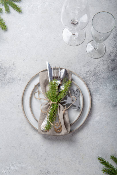 istock Cristmas table cutlery set with holiday decoration. Top view, copy space 1271100288
