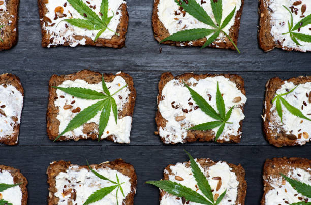 Sandwiches with cream cheese and marijuana leaves on sliced rye bread