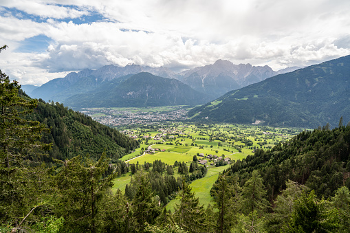 Grassland with mountains in background.