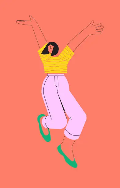 Vector illustration of Happy jumping young woman, girl in a t-shirt, jeans, shoes on pink background. Young female character. People positive emotions concept.