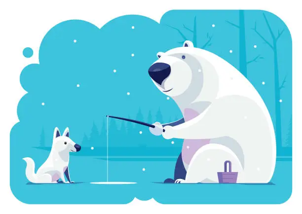 Vector illustration of polar bear and wolf fishing