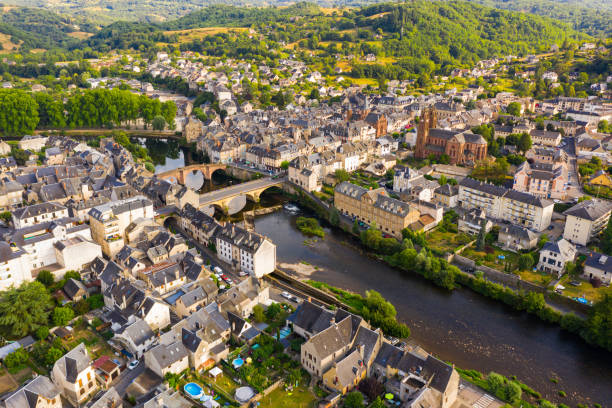 istock Panoramic view from above on the city Espalion and river Lot 1271109204