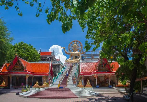 Wat Plai Laem temple. Samui, Thailand Landmark. Scenic View Of Buddhist Pagoda. Temple Complex Wat Phra Yai. Oriental Architecture.