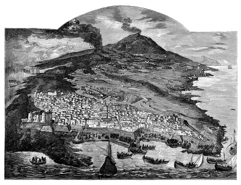 The 1669 eruption of Mount Etna is the largest-recorded historical eruption of the volcano on the east coast of Sicily, Italy. City of Nicolosi in front.
Original edition from my own archives
Source : Gartenlaube 1892
after Painting in Dom of Catania