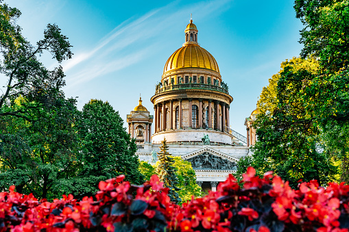 View to Saint Isaac's Cathedral (Isaakievskiy Sobor) through the Alexander garden.