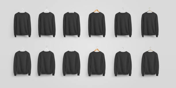 Mockup of a black sweatshirt hanging on a wooden, plastic, metal, fabric hanger, front and back views. Mockup of a black sweatshirt hanging on a wooden, plastic, metal, fabric hanger, front and back views. Blank pullover template for design presentation and advertising in an online store.Set of clothes coathanger photos stock pictures, royalty-free photos & images