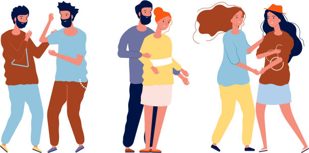 illustrations, cliparts, dessins animés et icônes de couples différents. lgbt, lesbiennes et gays, homosexuels et hétérosexuels. hommes femmes dans l’amour, mignon amis heureux et illustration vectorielle de familles - women love heterosexual couple color image