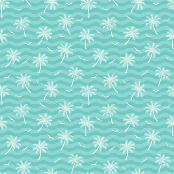 Seamless pattern of palm trees and waves Palm trees. Seamless pattern. Vector illustration. beach designs stock illustrations