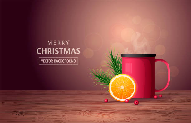 bildbanksillustrationer, clip art samt tecknat material och ikoner med god jul och gott nytt år kort. röd kopp stående på träytan med apelsin, gran grenar och bär. - julbord