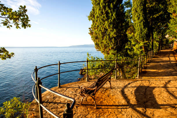 Beautiful viewpoint with bench at the seaside.