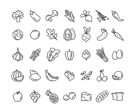 Healthy food vector icons. Hand drawn food icon set. Cute eating doodles isolated on white background
