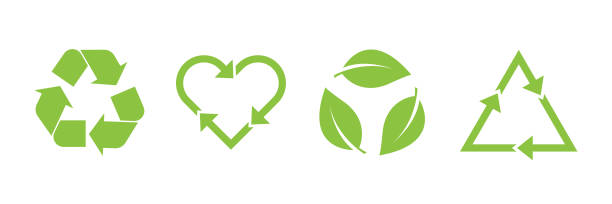ilustraciones, imágenes clip art, dibujos animados e iconos de stock de recicle el conjunto de iconos vectoriales. flechas, corazón y hoja reciclan eco símbolo verde. angulos redondeados. - sostenibilidad