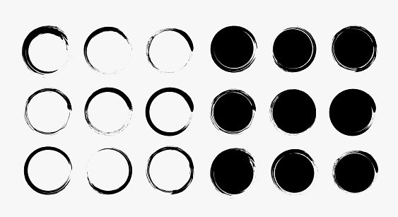Set different grunge circle brush strokes, design element. Round logo frame, hand drawn elements. Vector illustration.