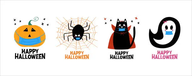 Vector illustration of Quarantine Halloween greeting cards set. Jack o lantern, ghost, cat, spider in medical face mask. Isolated on white background. Vector stock illustration.