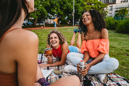 Group of happy young beautiful women on picnic in public park. Drinking yerba mate. Shooting Buenos Aires, Argentina.