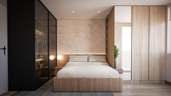 Interior Design. Architecture. Computer generated image of bed room. Architectural Visualization. 3D rendering.