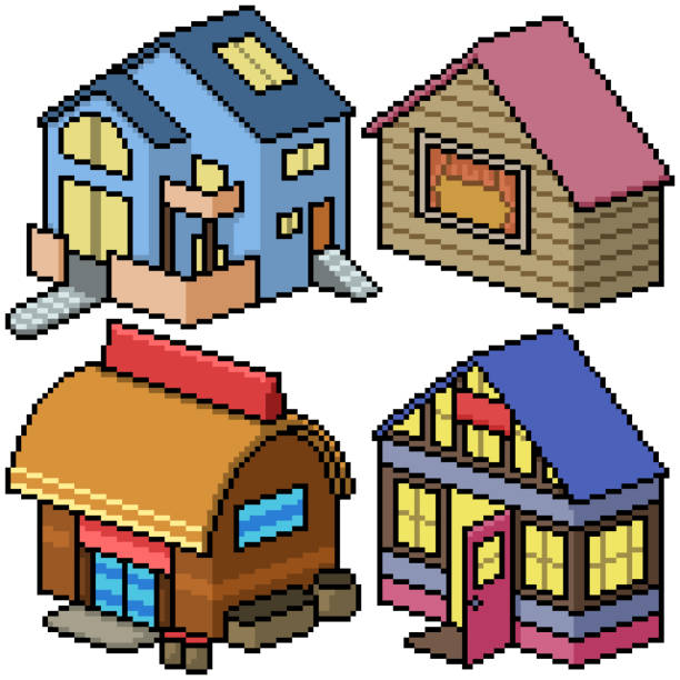 ilustraciones, imágenes clip art, dibujos animados e iconos de stock de pixel arte conjunto casa acogedora aislada - non rural scene